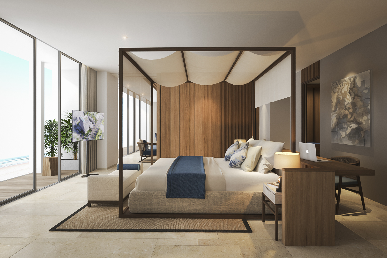 Phòng Vice Presidental Suite: loại phòng có một không hai tại khách sạn với diện tích 92m2 bao trọn vẹn cảnh biển và thành phố Quy Nhơn, ban công 15m2 rộng rãi, phòng khách lớn tiện nghi riêng biệt.- Ảnh: ANYA Premier Hotel